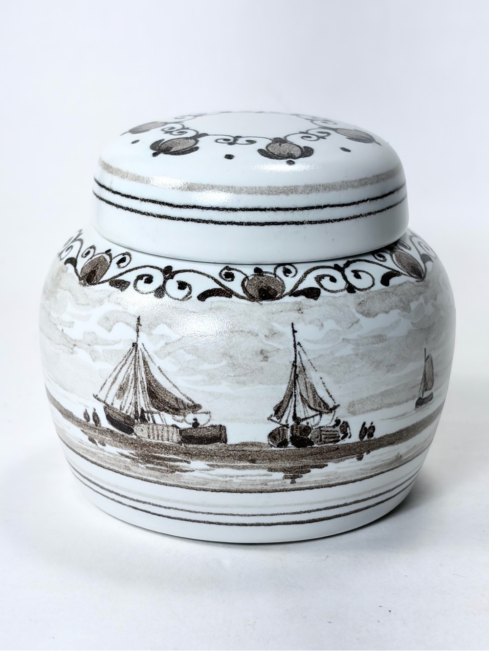 3 3/4" Royal Delft "Delsepia" Hand-Painted Nautical Scene Lidded Jar Vessel